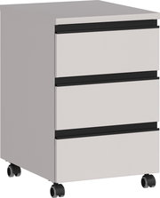 Rollcontainer mit drei Schubladen und Rollen, seitliche Perspektive