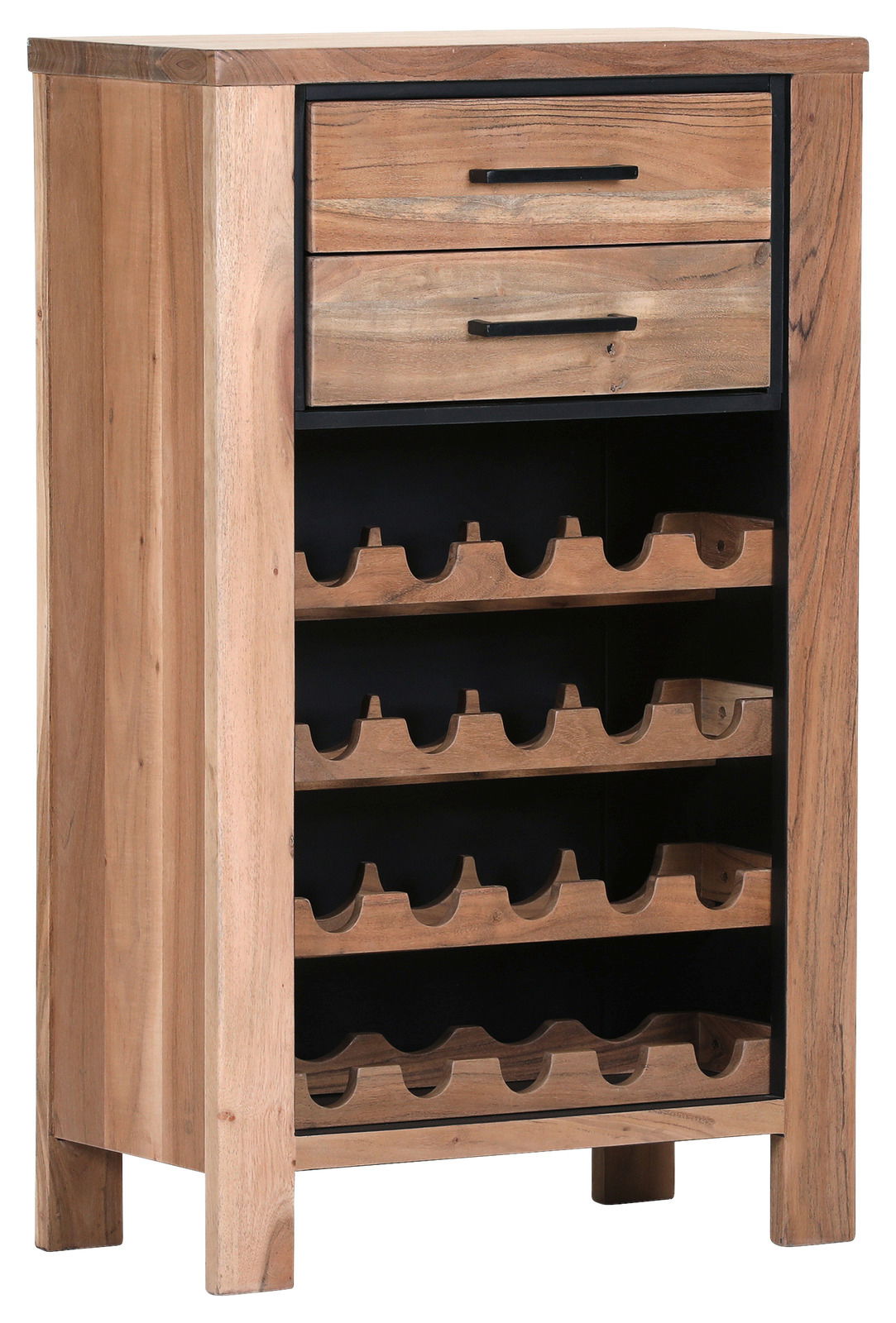 Holz-Weinregal mit zwei Schubladen und mehreren Ablagen für Flaschen, seitliche Perspektive