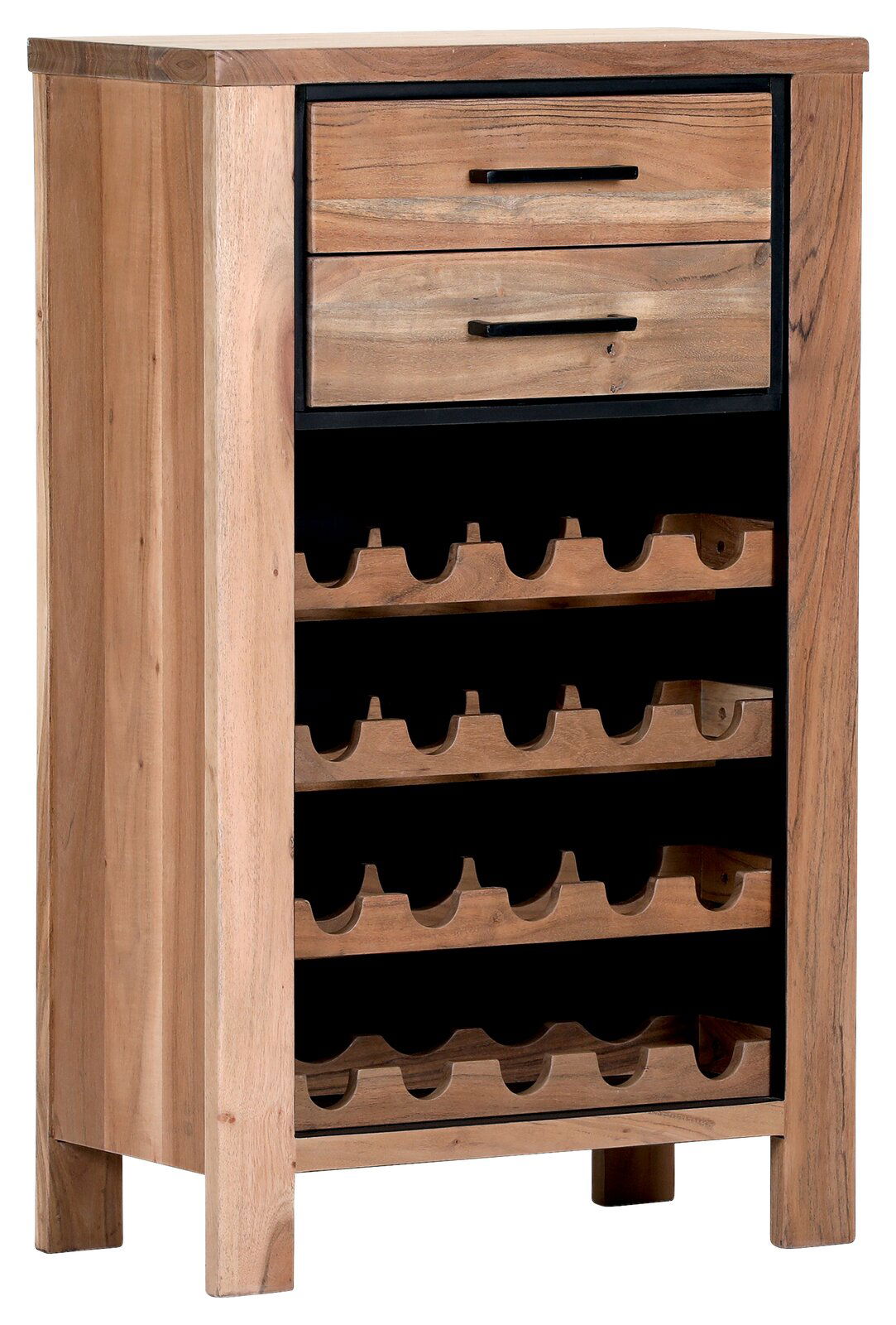 Landscape Weinregal AKAZIO Holz-Weinregal mit zwei Schubladen und mehreren Ablagen für Flaschen, seitliche Perspektive