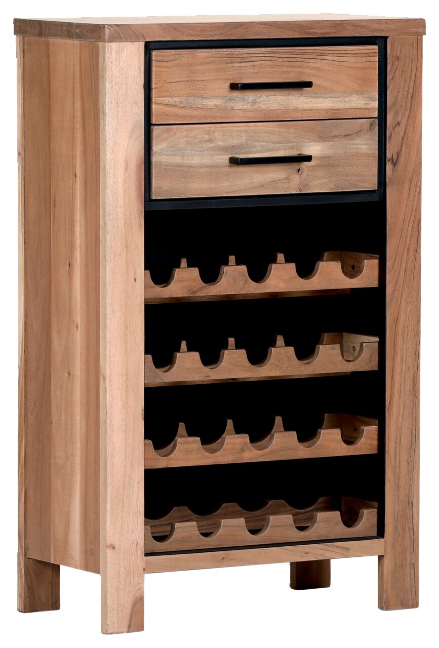 Holz-Weinregal mit zwei Schubladen und mehreren Ablagen für Flaschen, seitliche Perspektive