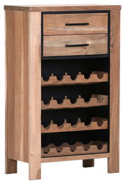 Holz-Weinregal mit zwei Schubladen und mehreren Ablagen für Flaschen, seitliche Perspektive