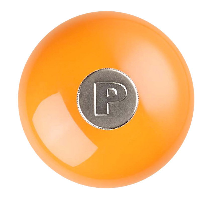 Obere Ansicht einer ofenroten Pfeffermühle mit einem silbernen 'P' auf der Oberseite.