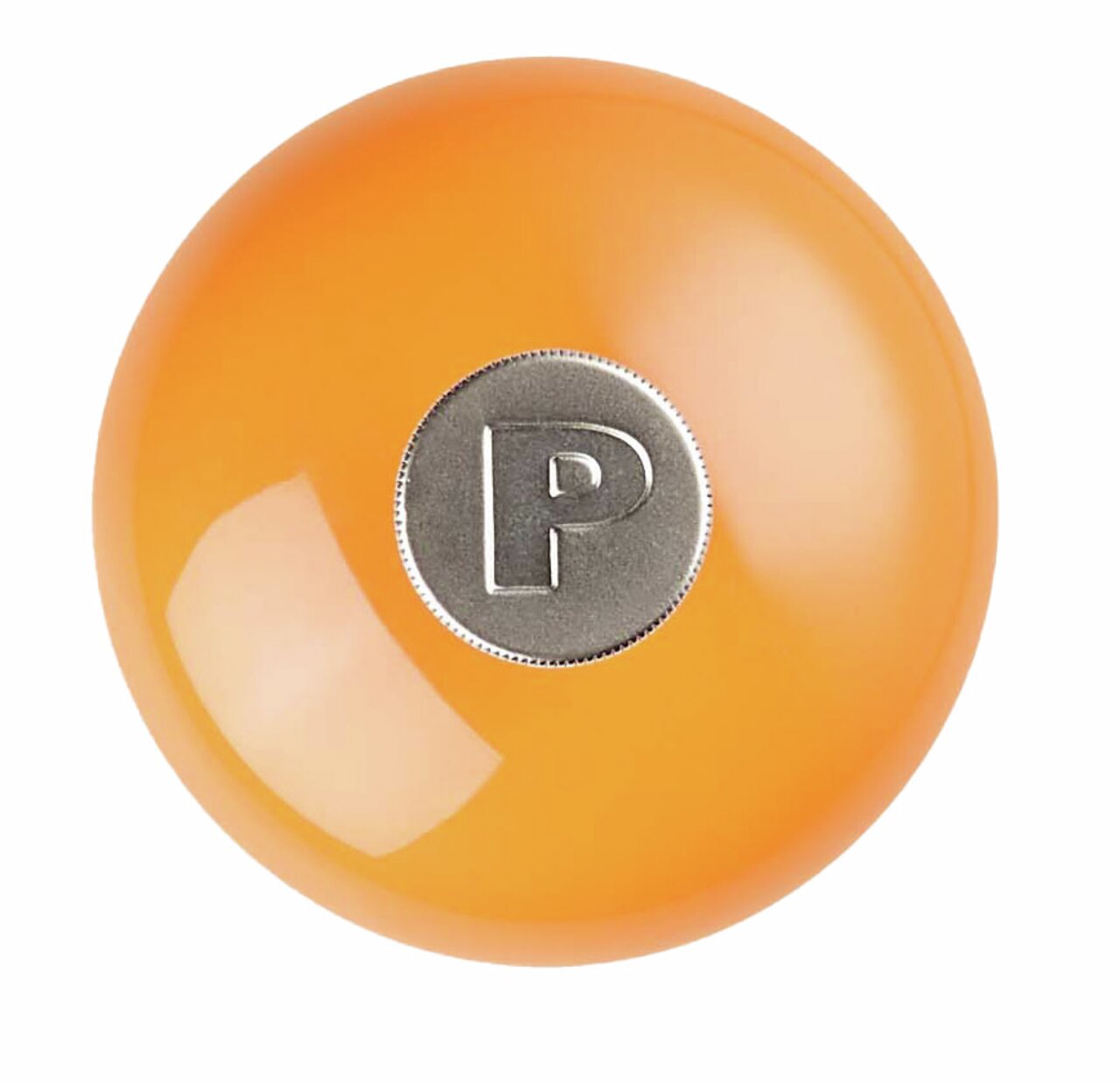 Obere Ansicht einer ofenroten Pfeffermühle mit einem silbernen 'P' auf der Oberseite.
