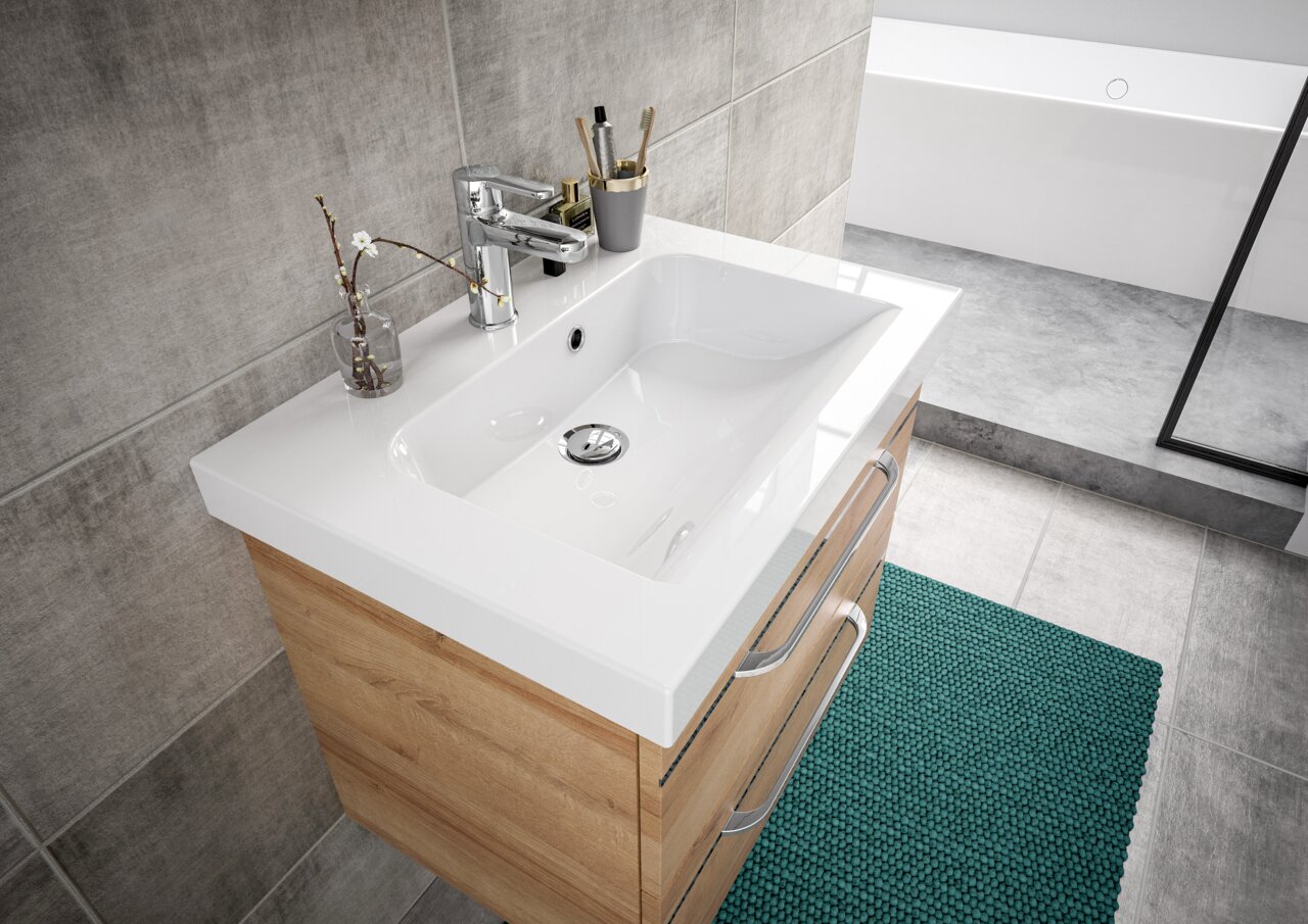 Moderne Waschtischlösung mit Holzunterschrank und weißem Keramikbecken, seitliche Perspektive