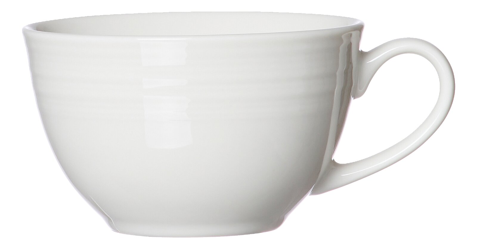 Große, schlicht designte weiße Keramiktasse mit glänzender Oberfläche und rundem Henkel, in seitlicher Nahansicht leicht von oben dargestellt