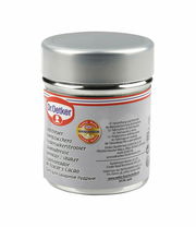 Dr. Oetker Siebstreuer in seitlicher Perspektive, silberner Deckel, mehrsprachige Etikettierung.