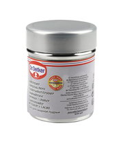 Dr. Oetker Siebstreuer in seitlicher Perspektive, silberner Deckel, mehrsprachige Etikettierung.