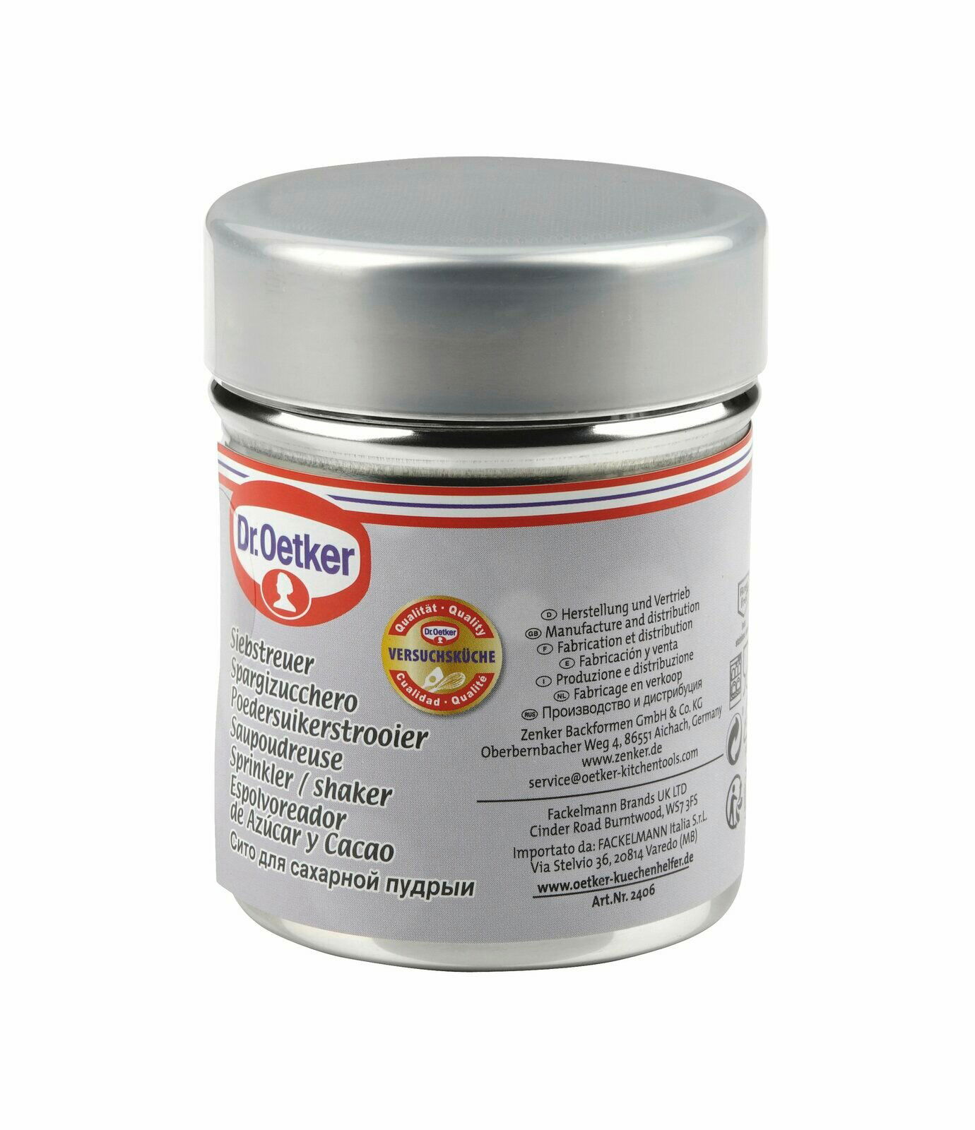 Dr. Oetker Siebstreuer in seitlicher Perspektive, silberner Deckel, mehrsprachige Etikettierung.