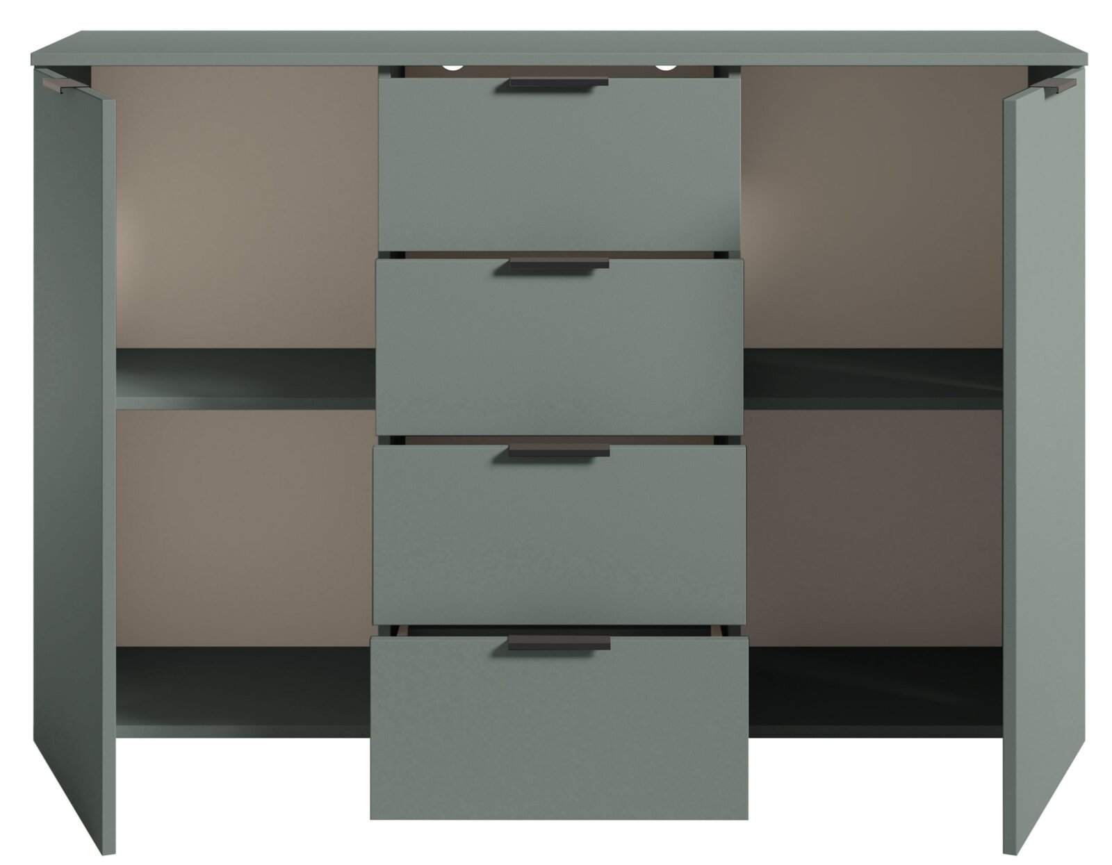 Frontale Ansicht eines modernen Sideboards mit offenen Türen und Schubladen in grauer Farbe.