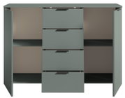Frontale Ansicht eines modernen Sideboards mit offenen Türen und Schubladen in grauer Farbe.
