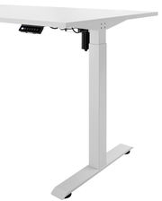 Seitliche Ansicht eines weißen höhenverstellbaren E-Schreibtischs mit Bedienelementen unter der Tischplatte.