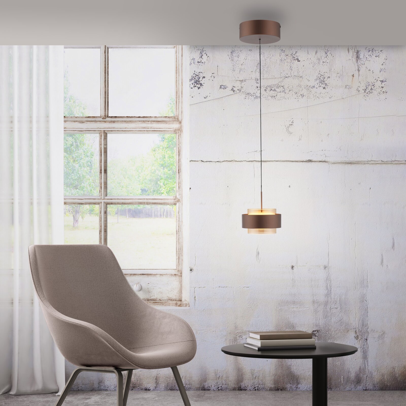 Paul Neuhaus LED-Hängeleuchte ABBY Moderne LED-Hängeleuchte in einem stilvollen Raum mit einem Sessel und einem Tisch, seitliche Perspektive