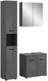 Moderne Badkombination in dunklem Grau, bestehend aus einem hohen Schrank, einem Spiegelschrank und einem Unterschrank, frontal abgebildet.