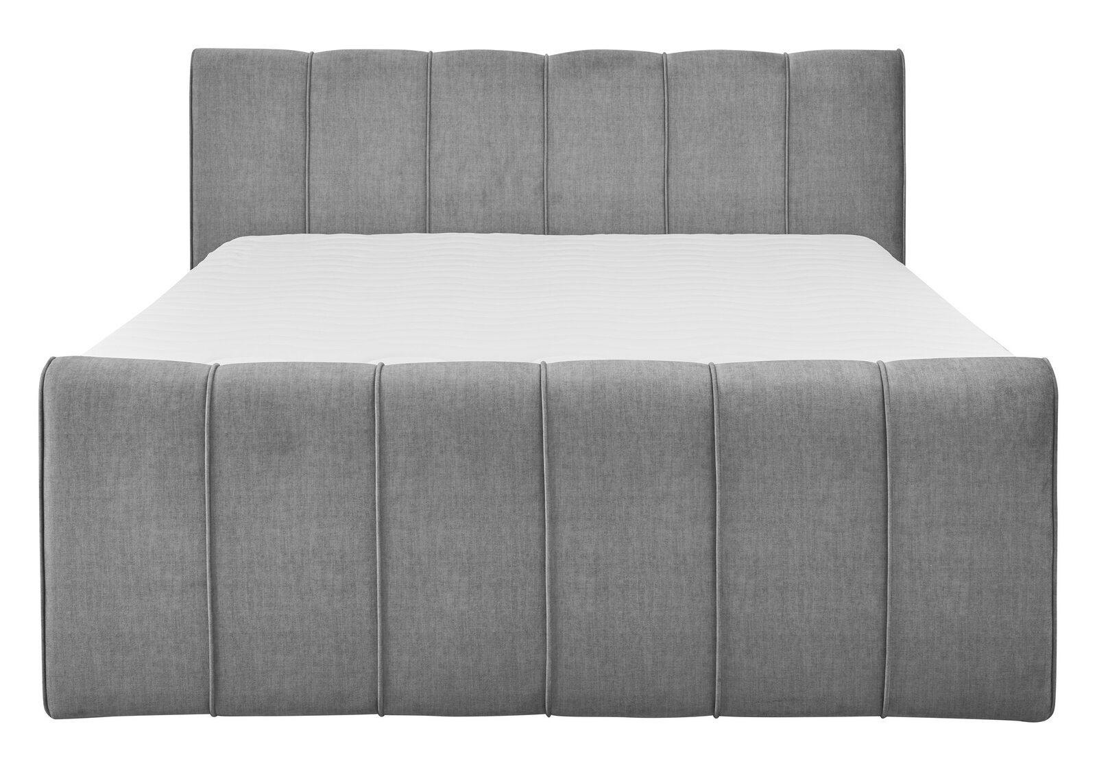 Graues Boxspringbett in Frontalansicht mit gestepptem Kopf- und Fußteil