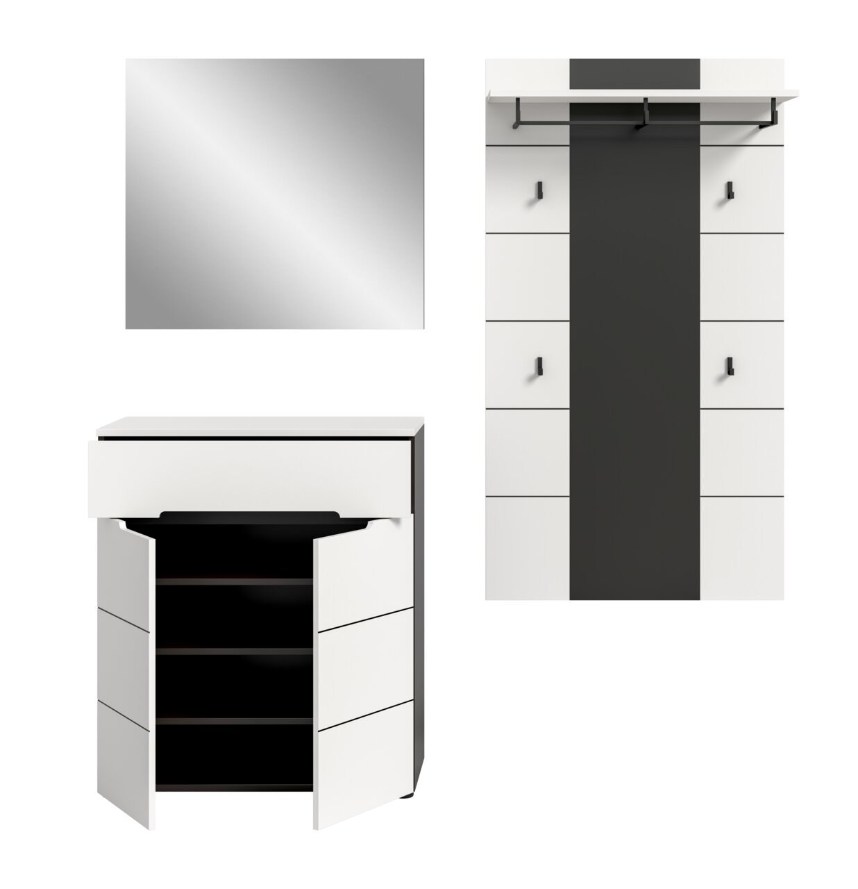 Modernes weiß-schwarzes Badmöbel-Set mit Spiegel, Waschtischunterschrank und Hochschrank; Frontansicht, zusätzlich Detailansicht des geöffneten Unterschranks in leichter Seitenperspektive