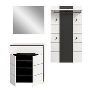 Modernes weiß-schwarzes Badmöbel-Set mit Spiegel, Waschtischunterschrank und Hochschrank; Frontansicht, zusätzlich Detailansicht des geöffneten Unterschranks in leichter Seitenperspektive