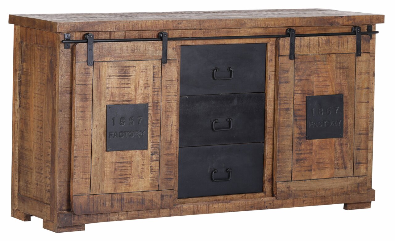 Landscape Sideboard BARNEY Rustikales Sideboard aus Holz mit Schiebetüren und Schubladen in Frontansicht, verziert mit Metallakzenten und der Aufschrift '1867 Factory'.