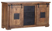 Rustikales Sideboard aus Holz mit Schiebetüren und Schubladen in Frontansicht, verziert mit Metallakzenten und der Aufschrift '1867 Factory'.