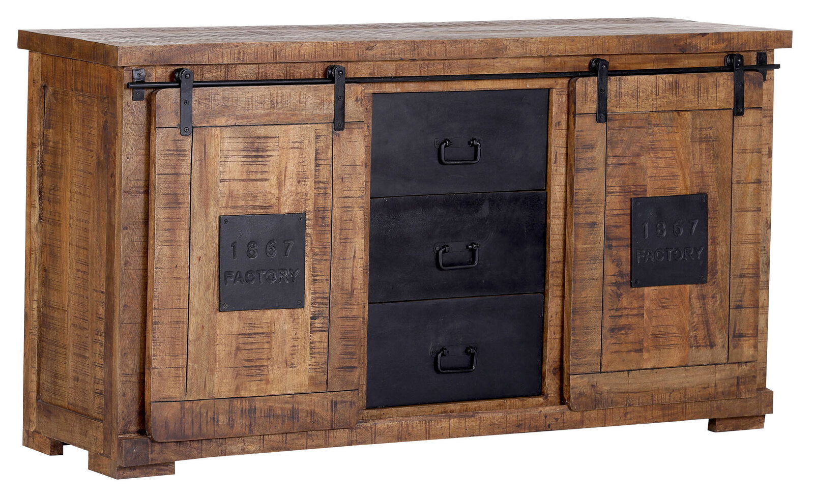 Landscape Sideboard BARNEY Rustikales Sideboard aus Holz mit Schiebetüren und Schubladen in Frontansicht, verziert mit Metallakzenten und der Aufschrift '1867 Factory'.