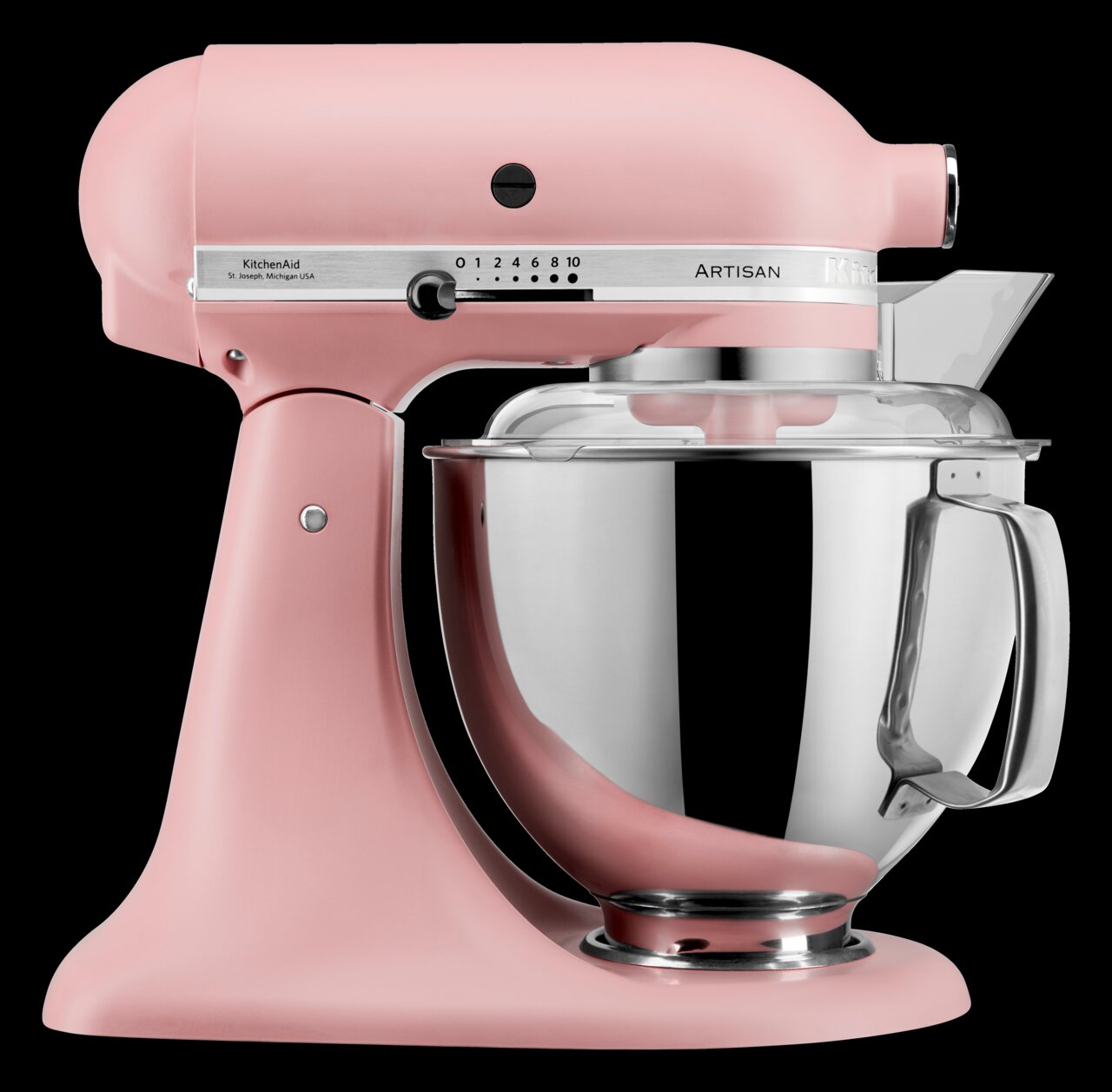 Rosa Küchenmaschine 4.8L Artisan von der Seite mit Edelstahl-Rührschüssel