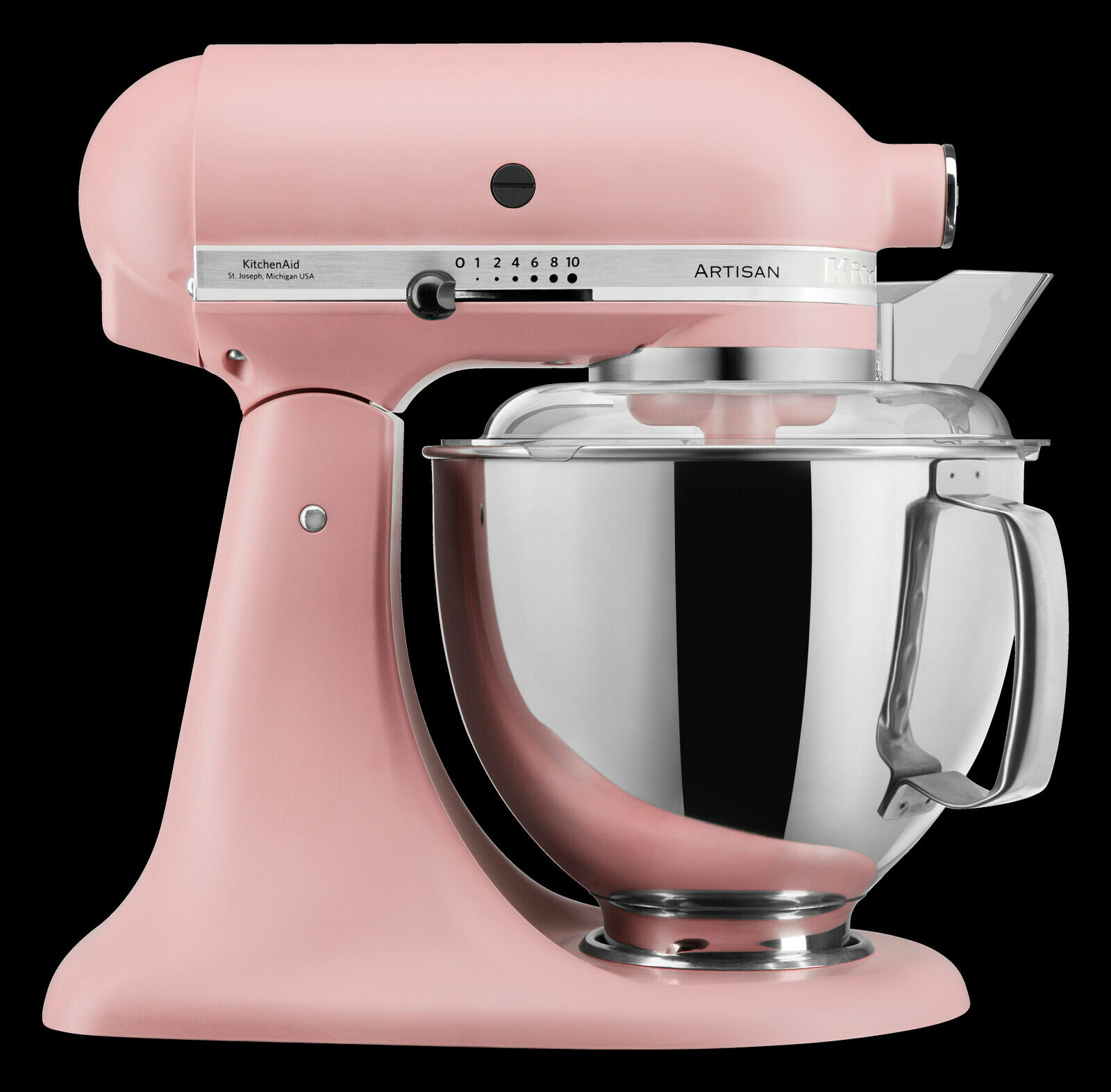 Rosa Küchenmaschine 4.8L Artisan von der Seite mit Edelstahl-Rührschüssel