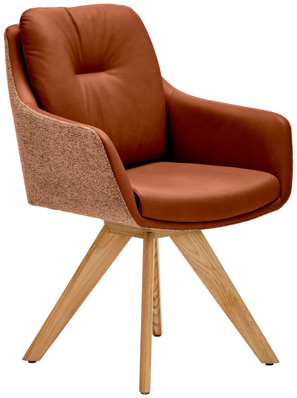 Moderner Armlehnstuhl mit braunem Lederbezug und Holzbeinen, seitliche Perspektive