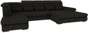 Schwarzes, gepolstertes U-förmiges Wohnlandschaft-/Ecksofa mit zwei Ottomane-Chaiselongue-Elementen, Steppnähten und Armlehnen, freigestellt auf weißem Hintergrund, Ansicht schräg von vorn.