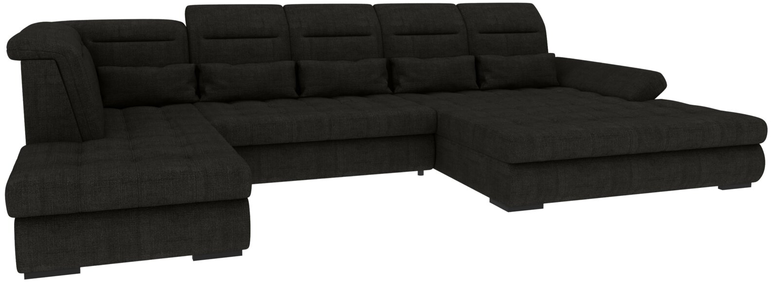 Schwarzes, gepolstertes U-förmiges Wohnlandschaft-/Ecksofa mit zwei Ottomane-Chaiselongue-Elementen, Steppnähten und Armlehnen, freigestellt auf weißem Hintergrund, Ansicht schräg von vorn.