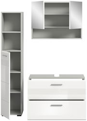 Moderne Badkombination mit Spiegelschrank, Hochschrank und Waschtischunterschrank in weißer Hochglanzoptik, frontale Ansicht.