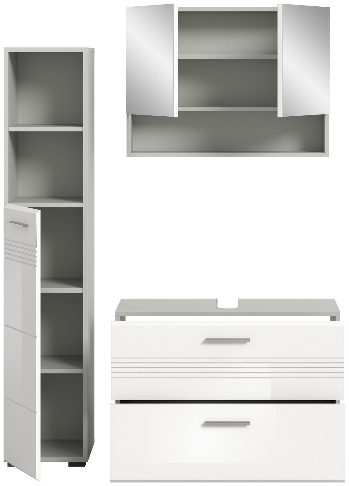Moderne Badkombination mit Spiegelschrank, Hochschrank und Waschtischunterschrank in weißer Hochglanzoptik, frontale Ansicht.