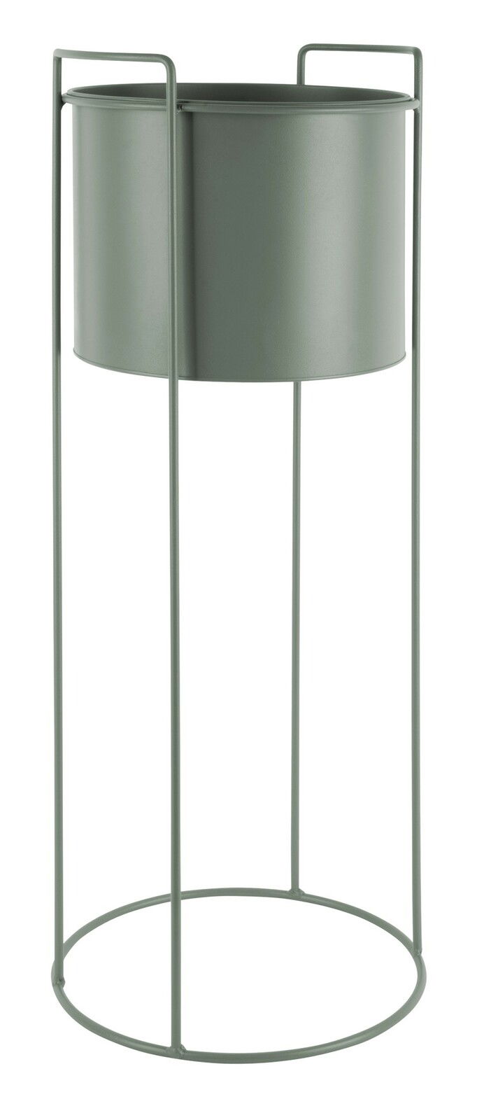 Hohes, zylindrisches Pflanzgefäß in einem minimalistischen Metallgestell, seitliche Perspektive