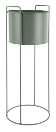 Hohes, zylindrisches Pflanzgefäß in einem minimalistischen Metallgestell, seitliche Perspektive