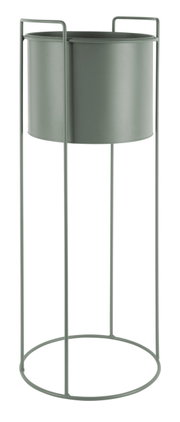 Hohes, zylindrisches Pflanzgefäß in einem minimalistischen Metallgestell, seitliche Perspektive