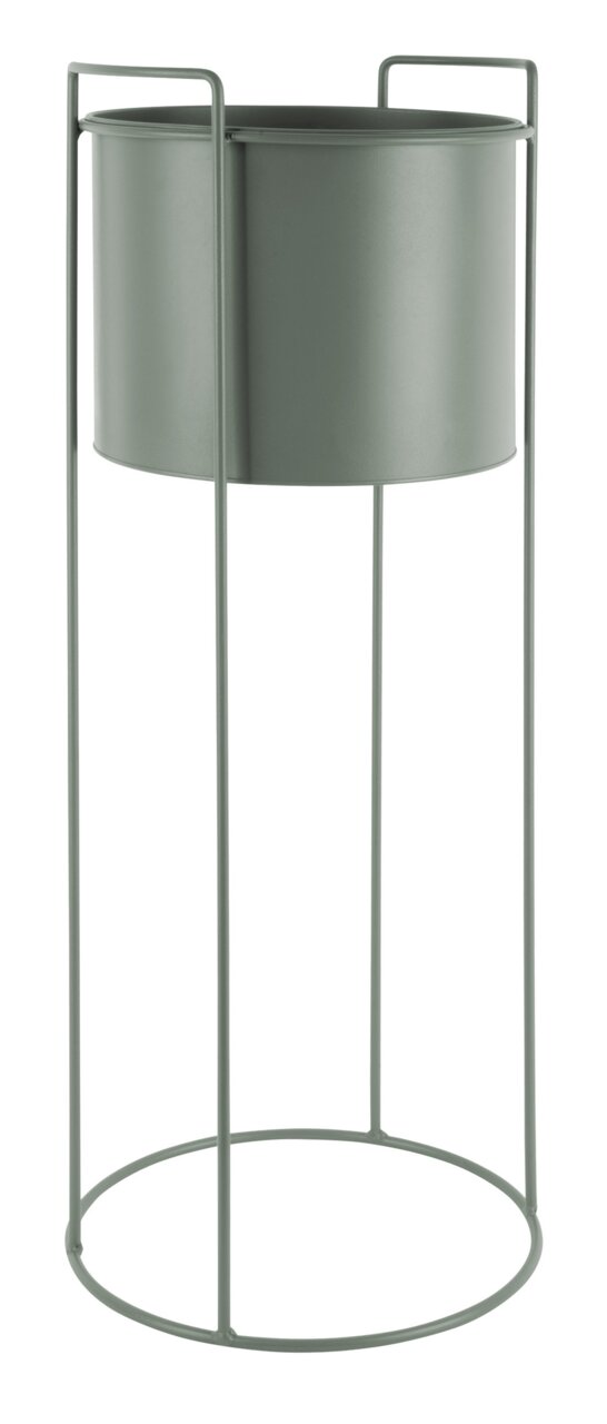 Hohes, zylindrisches Pflanzgefäß in einem minimalistischen Metallgestell, seitliche Perspektive