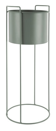 Hohes, zylindrisches Pflanzgefäß in einem minimalistischen Metallgestell, seitliche Perspektive