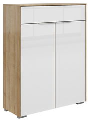 Kommode mit zwei Türen und einer Schublade in Holzoptik, seitliche Perspektive