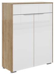 Kommode mit zwei Türen und einer Schublade in Holzoptik, seitliche Perspektive