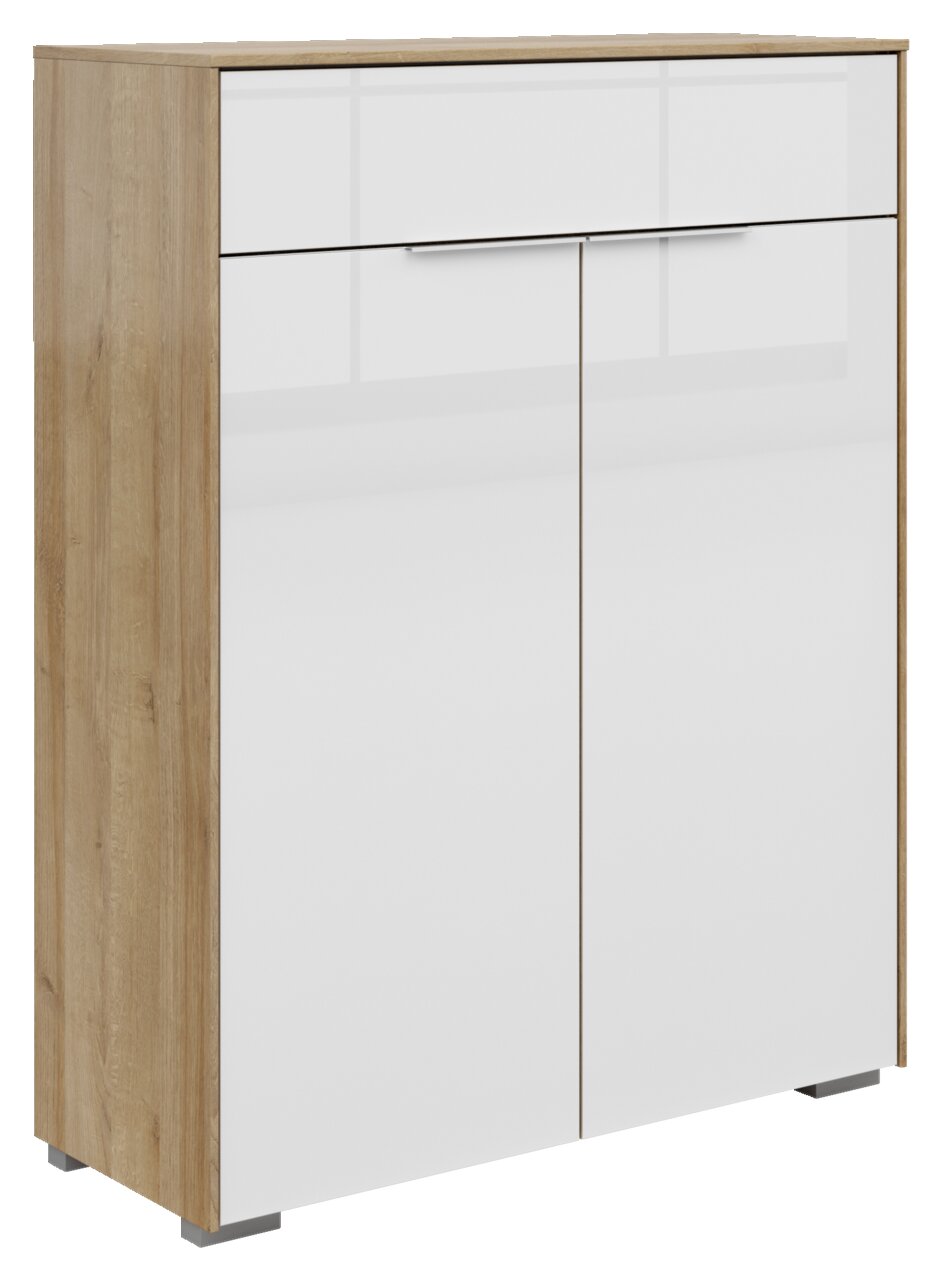 Commode met twee deuren en een lade in houtlook, zijaanzicht