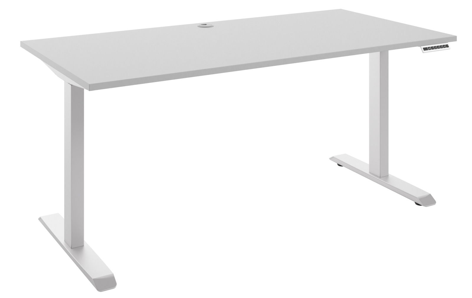 Manjana E-Schreibtisch 2-motorig OHIO Moderner weißer E-Schreibtisch mit rechteckiger Tischplatte und höhenverstellbaren T-Füßen, seitliche Perspektive