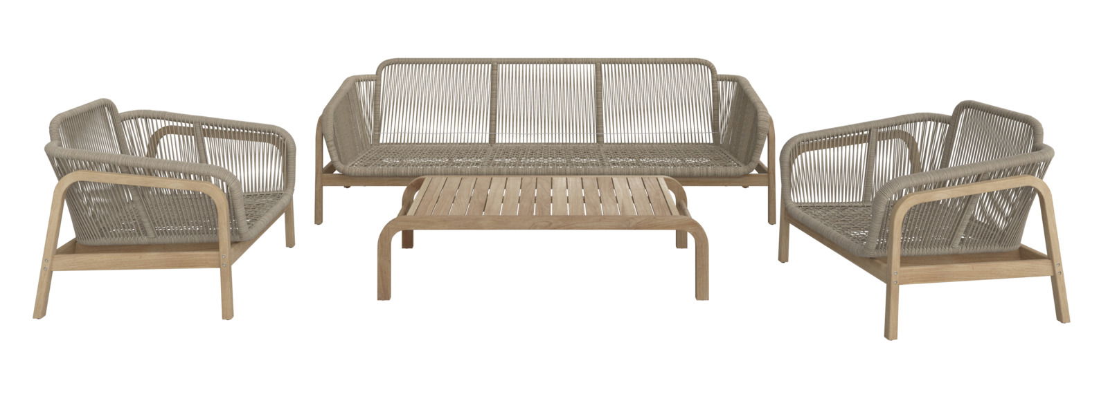 Loungegarnitur-Set aus Holz und Geflecht, bestehend aus einem Sofa, zwei Sesseln und einem Couchtisch, frontal betrachtet.