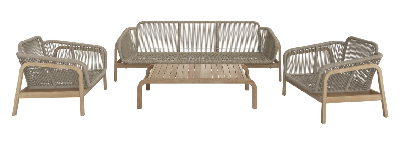 Loungeset van hout en vlechtwerk, bestaande uit een bank, twee fauteuils en een salontafel, gezien vanaf de voorkant.