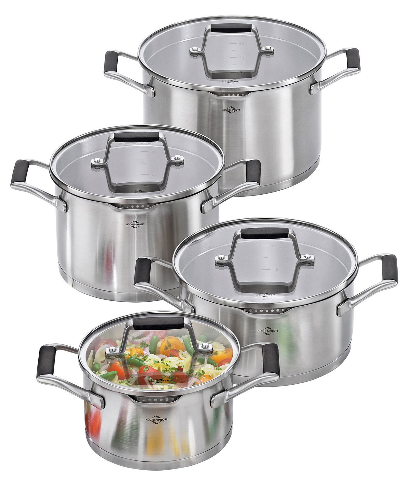 Vier-teiliges Topf-Set BOLOGNA aus Edelstahl mit Glasdeckeln, seitliche Perspektive