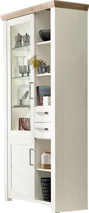 Weiße Vitrine mit Glastür und Holzdetails, seitliche Perspektive