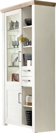 Weiße Vitrine mit Glastür und Holzdetails, seitliche Perspektive