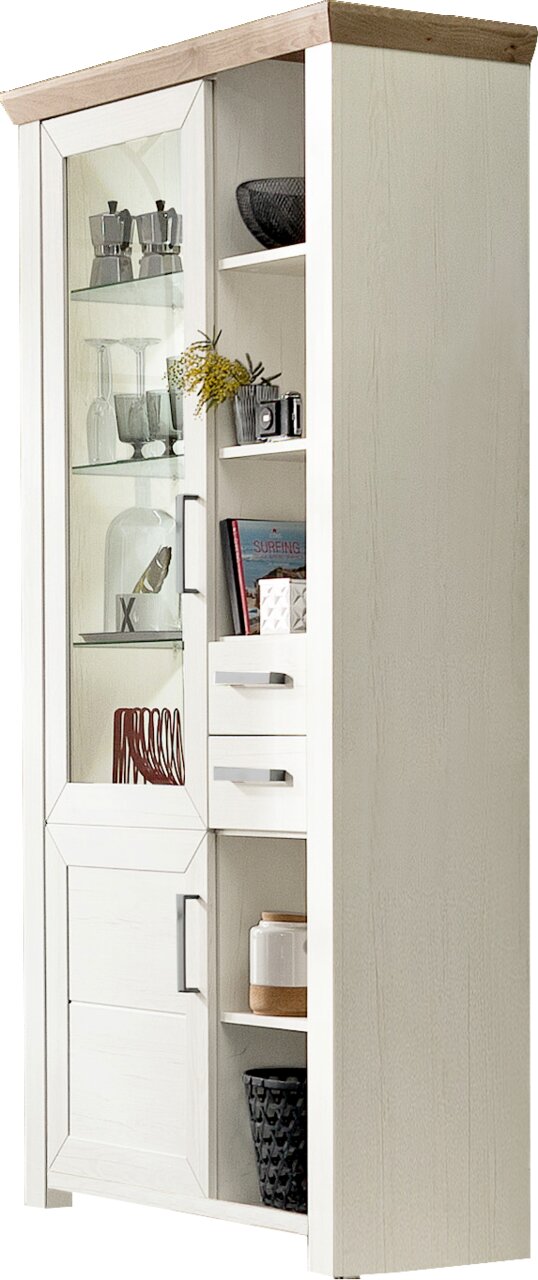 Weiße Vitrine mit Glastür und Holzdetails, seitliche Perspektive