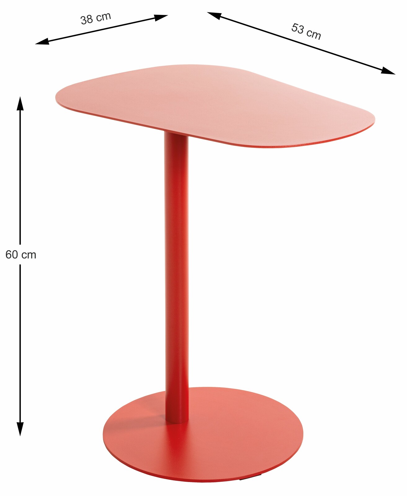 Roter Beistelltisch mit runder Basis und asymmetrischer Tischplatte, seitliche Perspektive