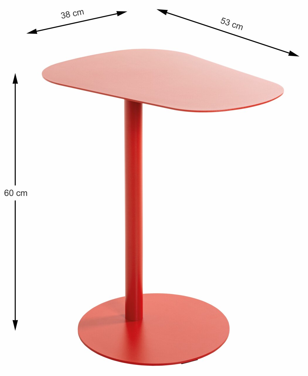 Rode bijzettafel met ronde voet en asymmetrisch tafelblad, zijaanzicht