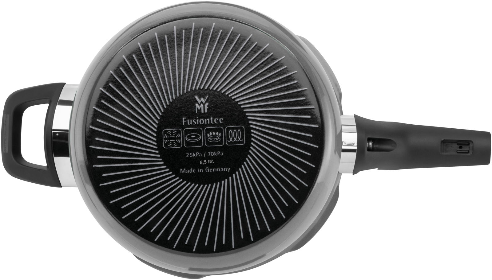 Draufsicht auf einen WMF Fusiontec Schnellkochtopf mit schwarzem Boden und Griffen, 6,5 Liter, Made in Germany.
