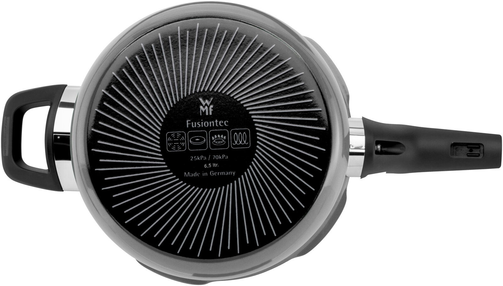 Draufsicht auf einen WMF Fusiontec Schnellkochtopf mit schwarzem Boden und Griffen, 6,5 Liter, Made in Germany.