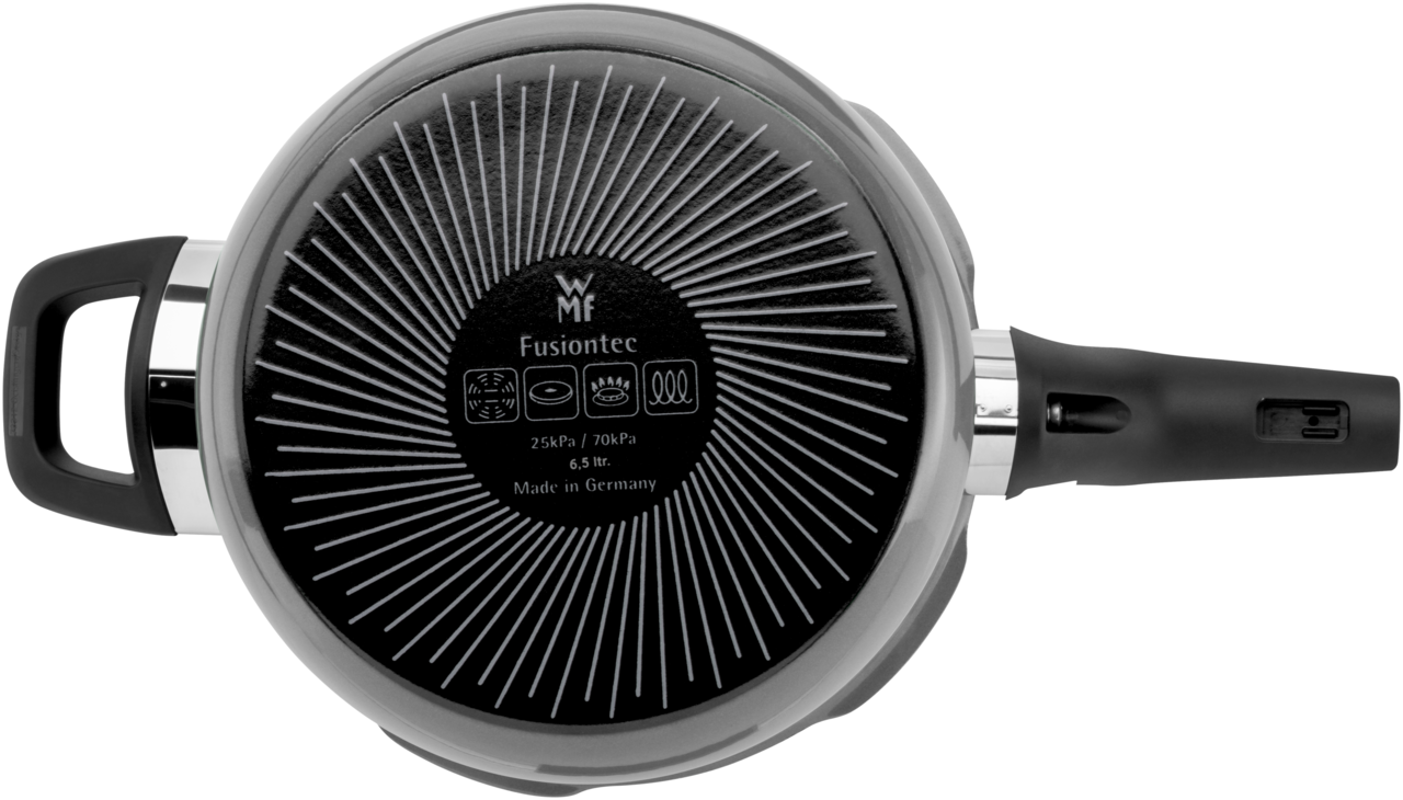 Draufsicht auf einen WMF Fusiontec Schnellkochtopf mit schwarzem Boden und Griffen, 6,5 Liter, Made in Germany.